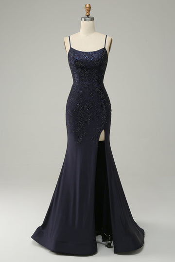 Navy Strapless Sweetheart Beaded Ball Dress with Split